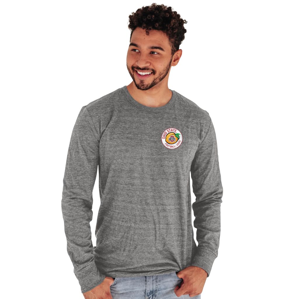 NCAA Officially Licensed Ohio State Buckeyes National Champs 2024 Triblend Long Sleeve T-Shirt Front/Back Gray, Small