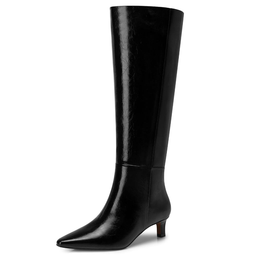 CELLENZ Women's Knee High Boots: Fashion Kitten Low Heels Boot - Wide Calf Tall Boots for Women - Black Leather Heeled Fall Boot Size 7.5