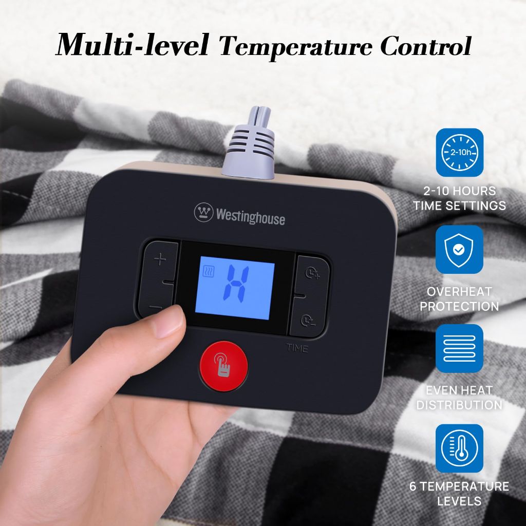 Westinghouse Electric Blanket Queen Size, 10 Heating Levels & 1 to 12 Hours Auto-Off, Machine Washable, Black