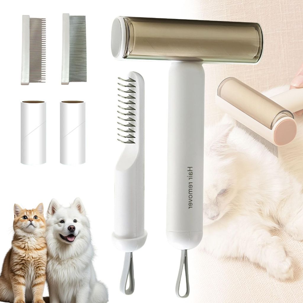 3-in-1 Pet Grooming Brush for Dogs & Cats | Deshedding & Dematting Comb with Built-in Lint Roller (White)