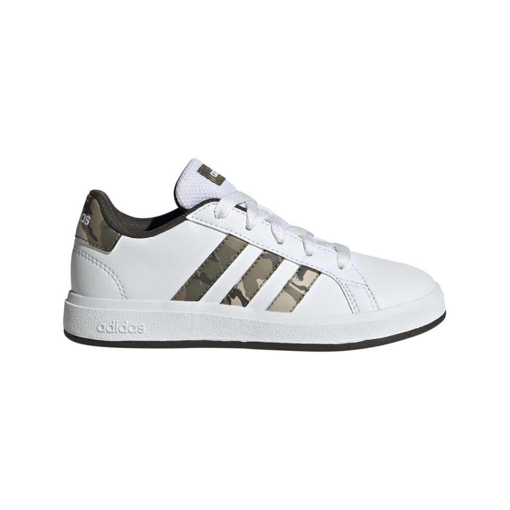 adidas Kids Grand Court 2.0 Tennis Shoe, White/Olive Strata/Shadow Olive - Y 7