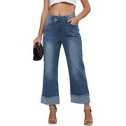 SZ XL, Genleck Wide Leg Cropped Jeans, High Waisted Crossover Boyfriend , Denim Blue
