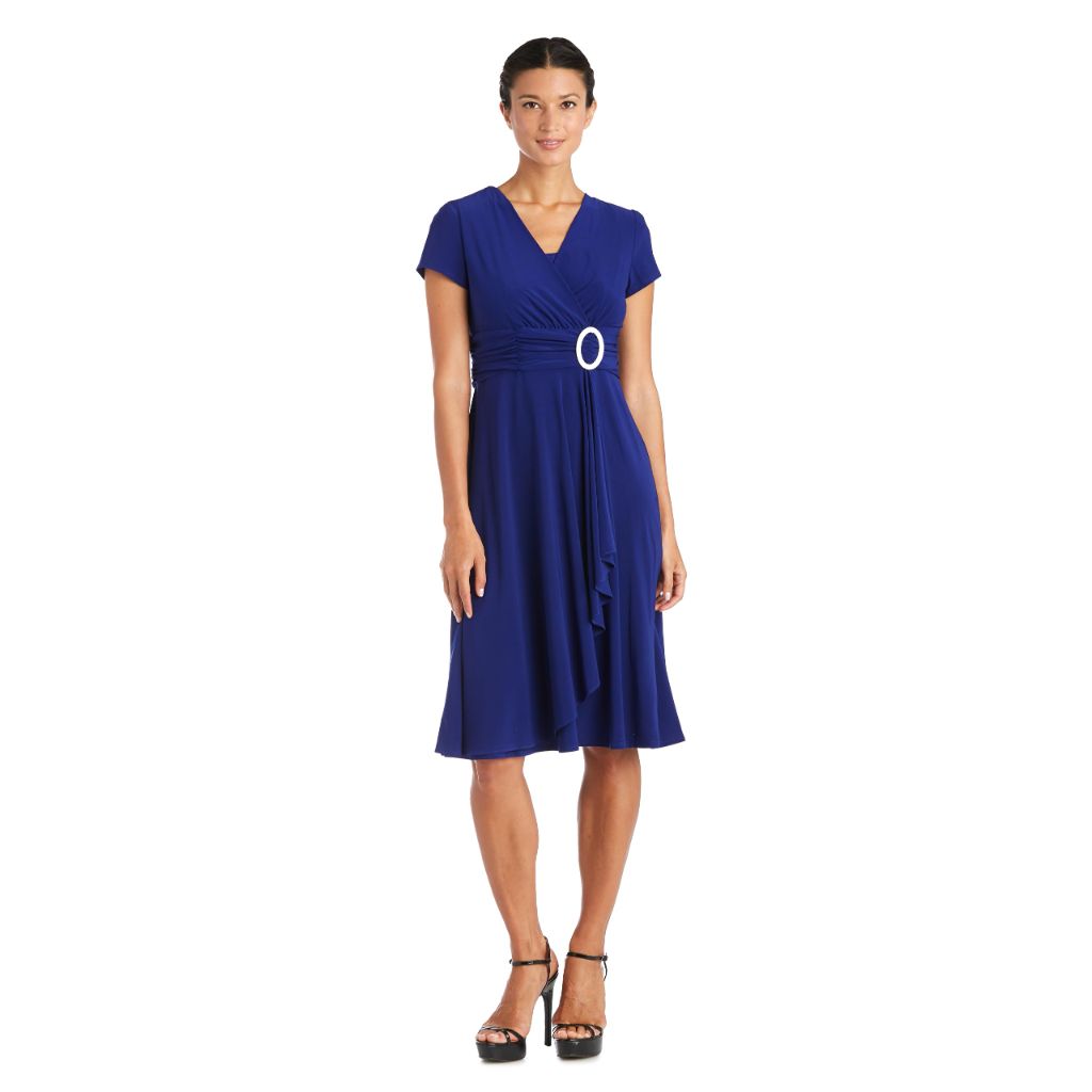 R&M Richards Women's Faux Wrap Solid Cascade Dress W/Rhinestone Buckle & Short Sleeves, Electric Blue, Size 22W