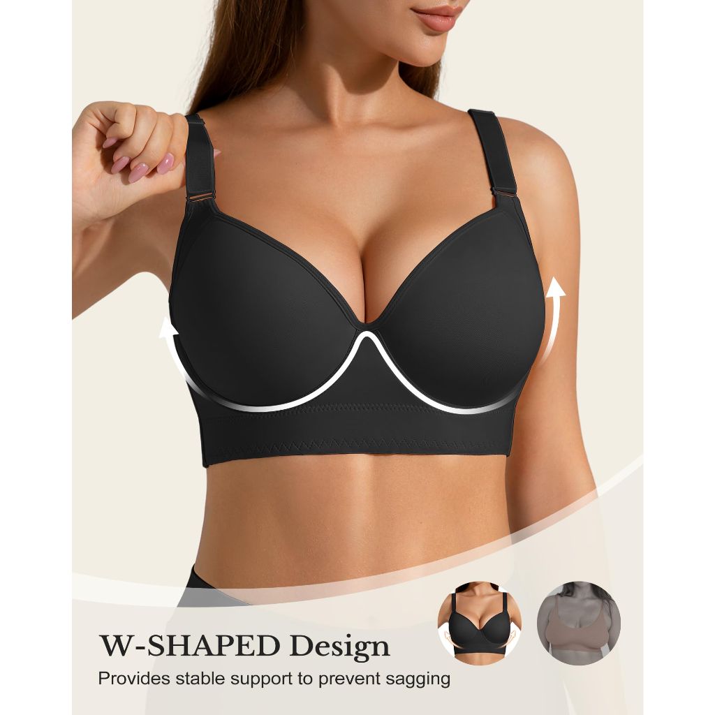 QDN Women's Push Up Bra, Deep V, Black, Medium