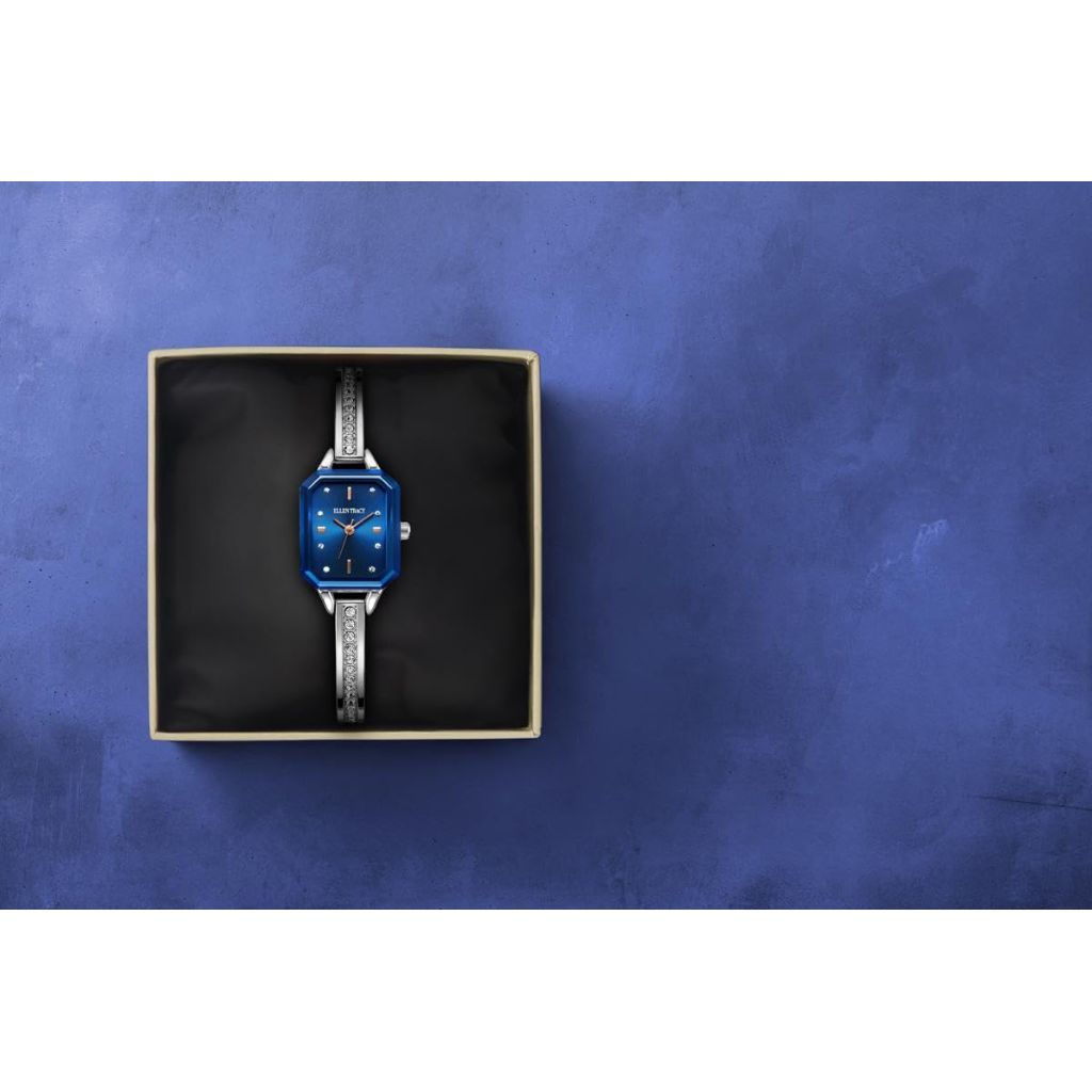 Ellen Tracy Women's Silver Bangle Watch – Blue Sunray Octagon Dial with Faceted Crystal Accents, 20mm Petite Case