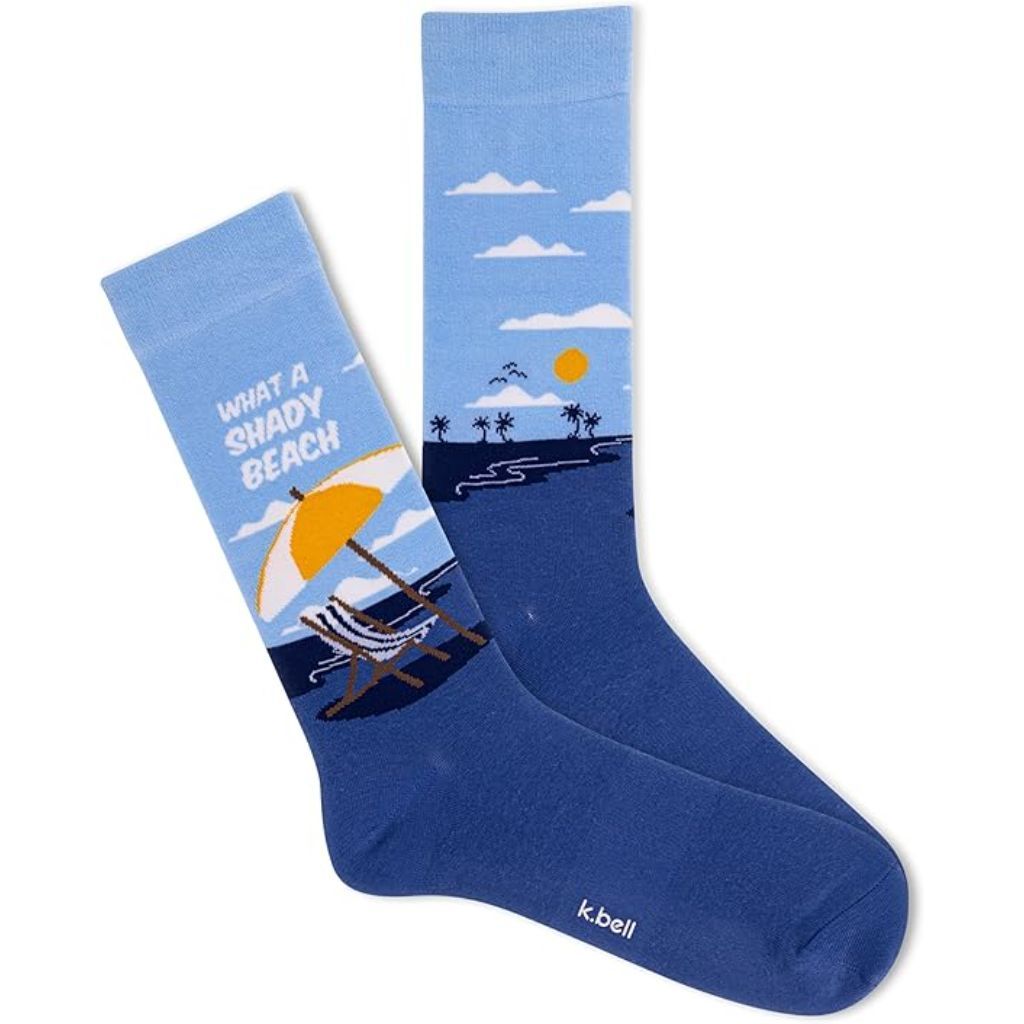 K BELL Men's Funny Crew Socks - "What A Shady Beach" (Fits Shoe Size 6.5-12)
