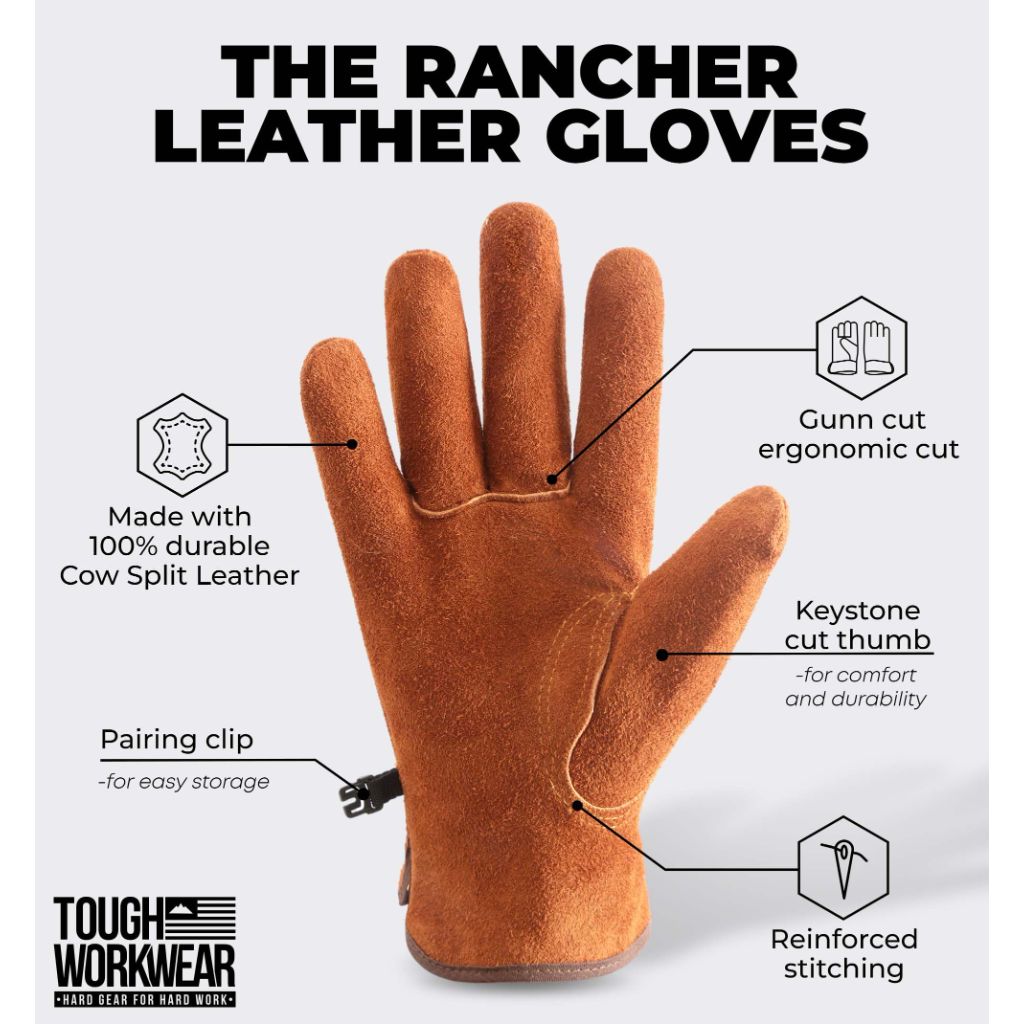 SZ L 10, Tough Workwear Leather Work Gloves - Cow Split Leather - Brown