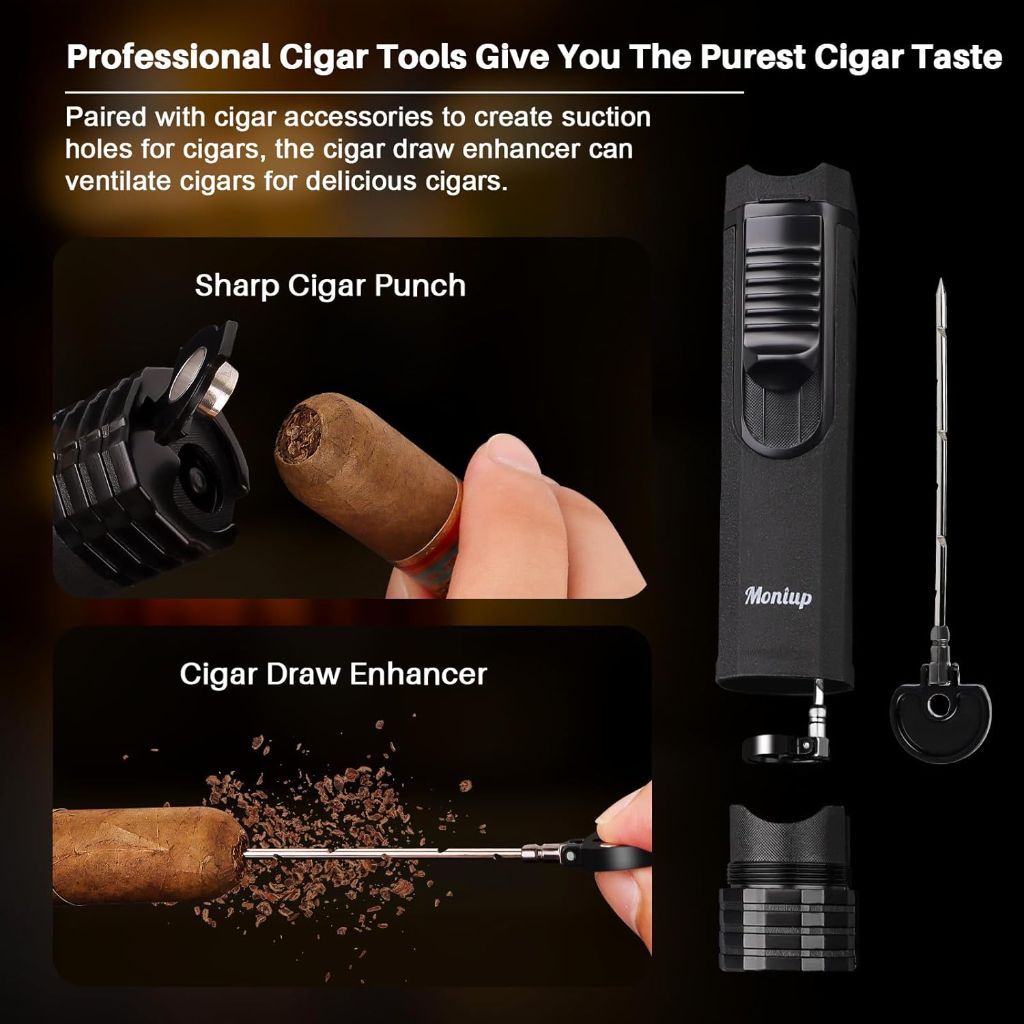 Moniup Cigar Torch Lighter with Triple Flame, 2 Cigar Holders, Cigar Draw Enhancer, Cigar Punch, Refillable Butane