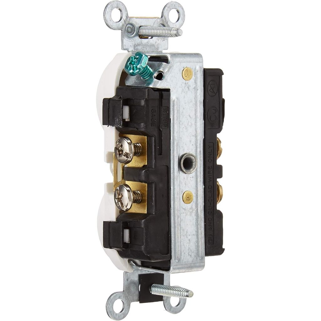 Leviton Duplex Receptacle, Commercial Spec Grade, Smooth Face, 20 Amp, 125 Volt, Side Wire, NEMA 5-20R, 2-Pole, 3-Wire, Self-Grounding, CR020-W, White