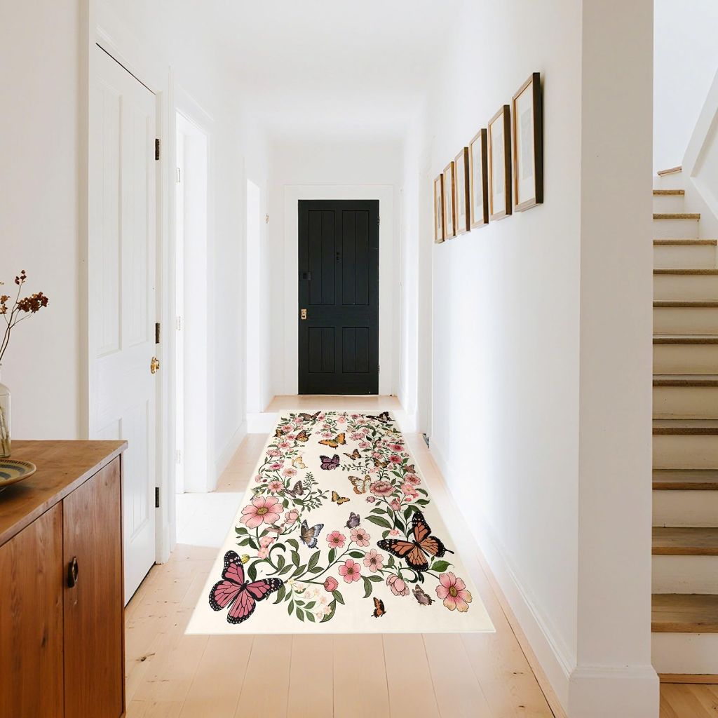 FSUVSJBGT Floral Butterfly Round Rug 4ft - Washable Circle Rug Soft Large 4x4, Beige