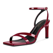 Wetkiss Red Heels Square Open Toe Strappy High Heels with Buckle Ankle Strap Heeled Sandals (Red Size10)