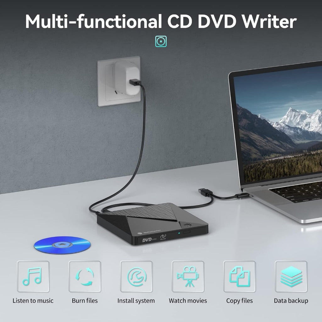 Yottamaster External CD DVD Drive, USB 3.0 Type C Slim and Portable CD DVD Burner Writer with SD&TF Slot and USB A Ports, Support CD DVD +/-RW Drive