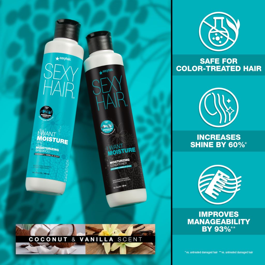 SexyHair I WANT MOISTURE Shampoo, 33.8oz | Tames Frizz | Increases Shine by 60% | All Hair Types