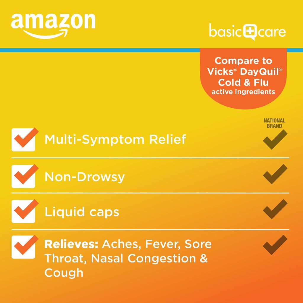 Amazon Basic Care Daytime Cold & Flu Liquid Caps, Orange, 48 Count (Pack of 1)