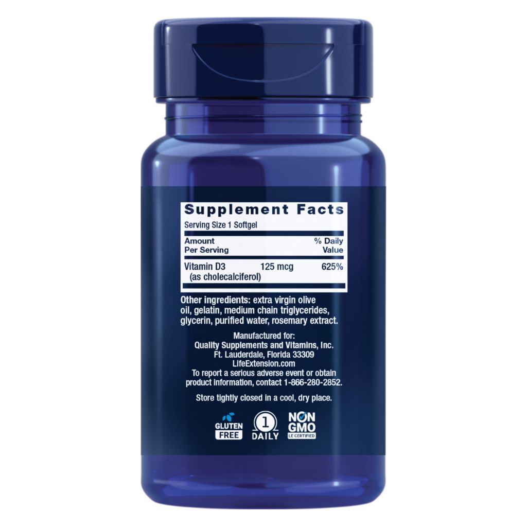 Life Extension Vitamin D3 125 mcg (5000 IU), Bone Health, Brain Performance, Immune System Support, Gluten-Free, Non-GMO, Once Daily, Two-Month Supply, 60 Softgels