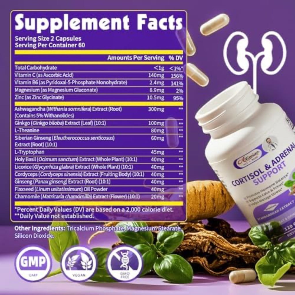 Cortisol Supplements w/Ashwagandha, L-Theanine, & Holy Basil - 120 Capsules