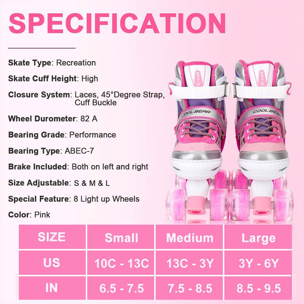 SZ S, Sowume Adjustable Kids Roller Skates for Girls and Women, All 8 Wheels of Girl's Skates Shine