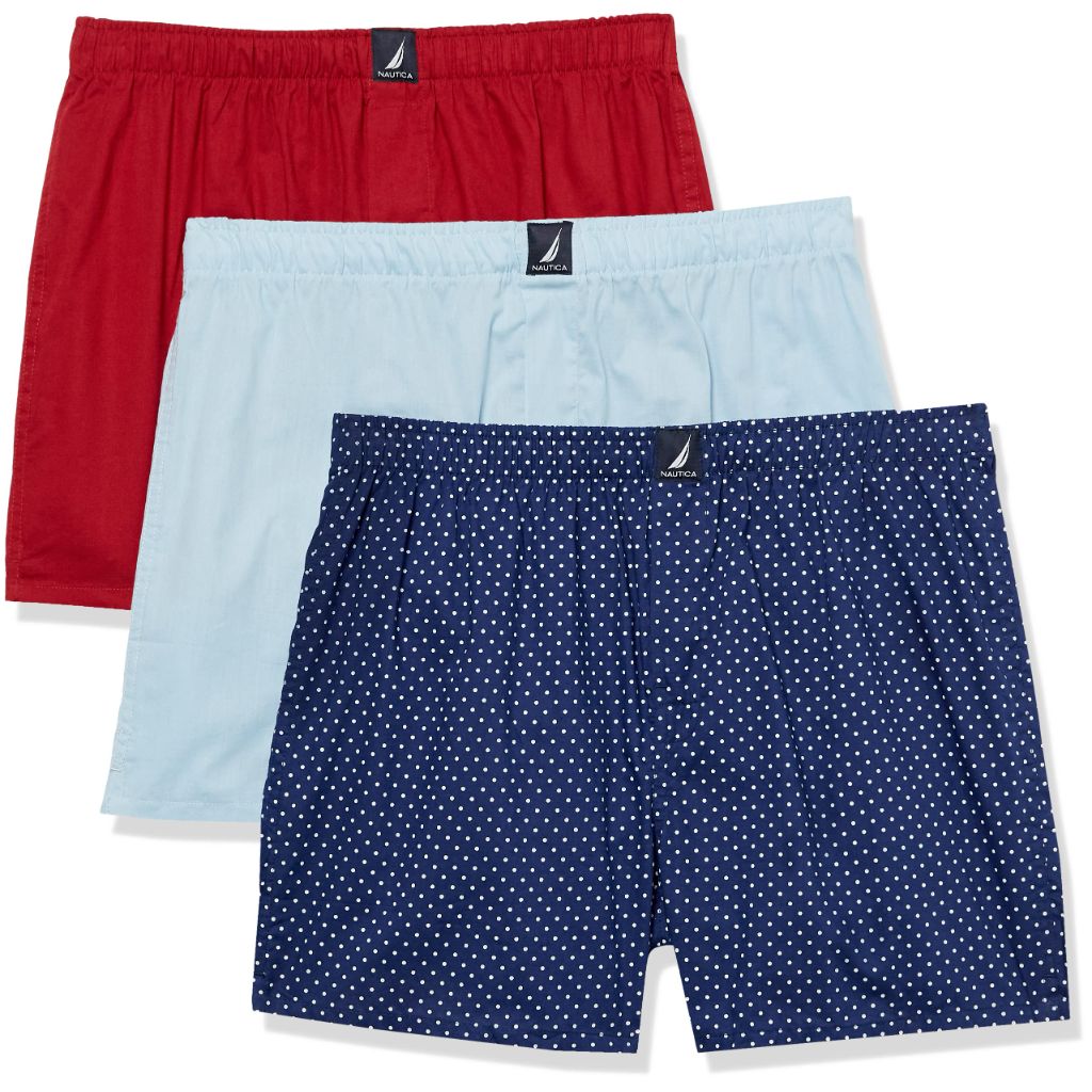 Nautica Men's Cotton Woven 3 Pack Boxer Noon Blue, Red, Polka Dot Print, Medium