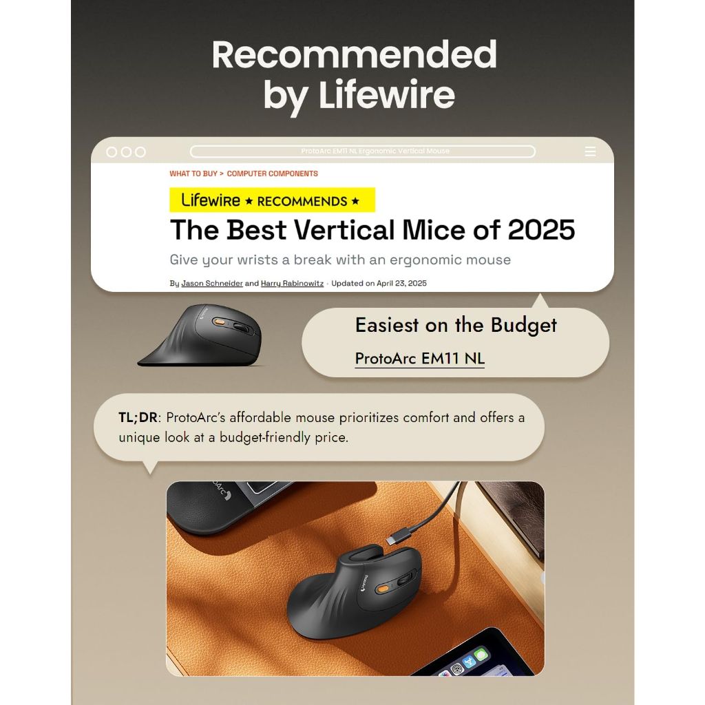 ProtoArc EM11 NL Wireless Ergonomic Mouse, Bluetooth Rechargeable Vertical Mouse, 3 Multi-Device Connectivity - Black