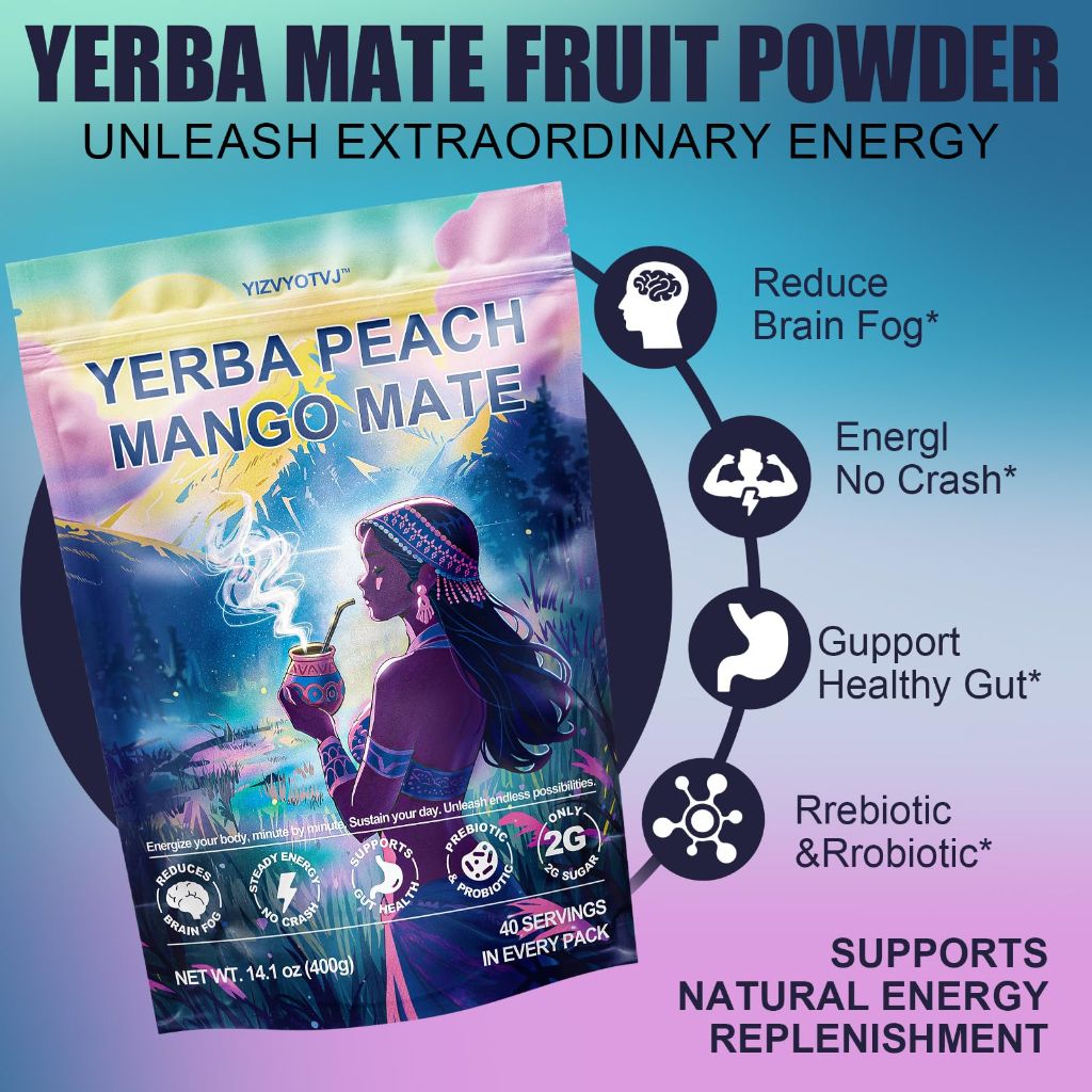 40 Servings (14.1oz) Yerba Mate Instant Tea Powder, 3-in-1 Peach Mango Flavored Low Sugar Super Drink to Support Energy & Focus with Prebiotics and Probiotics