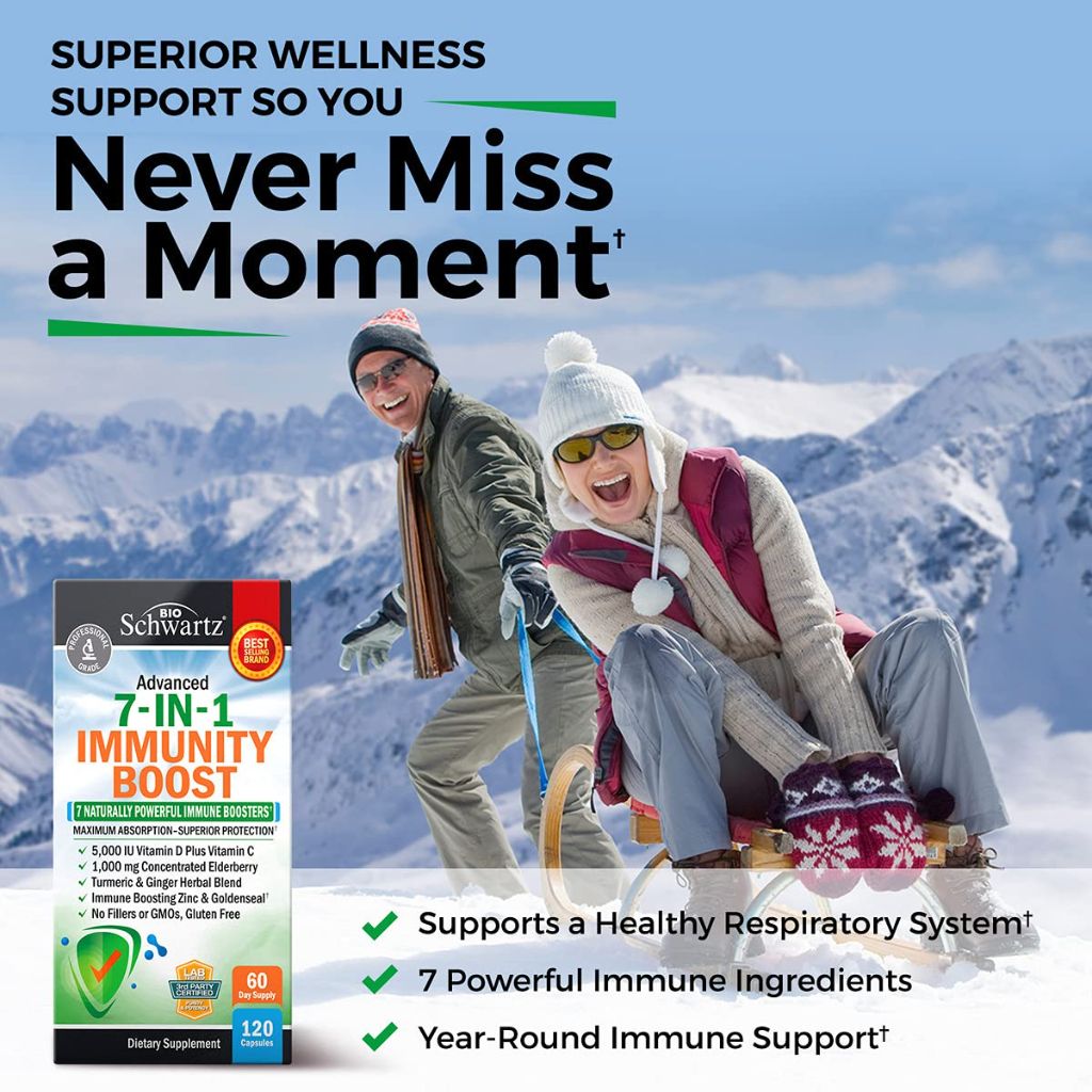 Immune Support Supplement with Zinc Vitamin C Vitamin D 5000 IU Elderberry Ginger D3 Goldenseal - 120ct