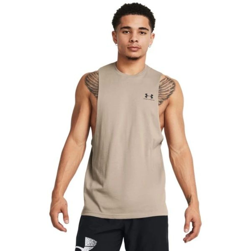 Under Armour Men's Sportstyle Left Chest Cut-Off T-Shirt - Timberwolf Taupe & Black, Medium