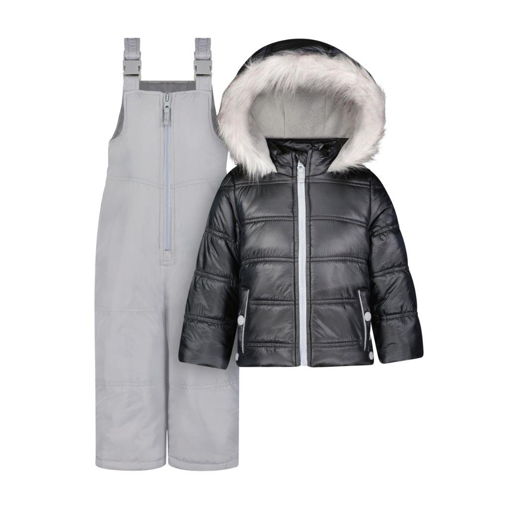 Jessica Simpson Girls' 2-Piece Snowsuit with Snow Bib and Puffer Jacket with Faux Fur Hood, Black, 6X