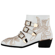 Arqa Women's Studded Ankle Boots Leather Multiple Buckle Chunky Heel Booties Almond Toe Zipper Punk Boot