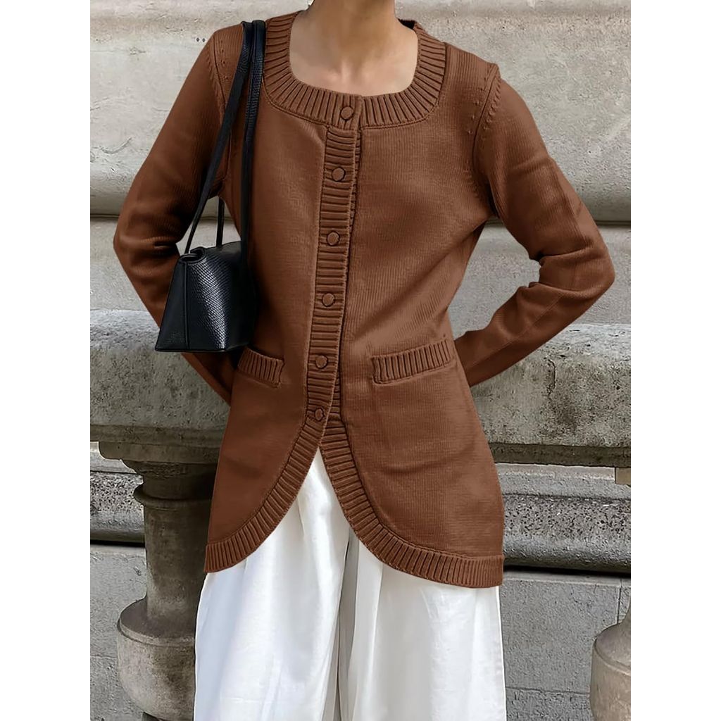 Saodimallsu Womens Button Down Cardigan Sweaters Long Sleeve Crew Neck Knit Casual Loose Sweater Coat with Pockets