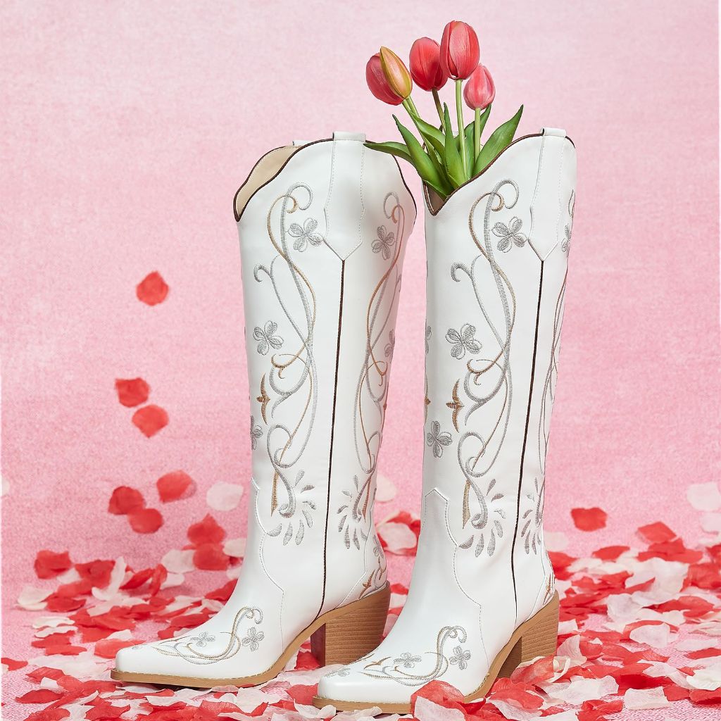 SZ 6, Wetkiss Knee High White Cowgirl Western Cowboy Boots for Women with Floral Embroidered