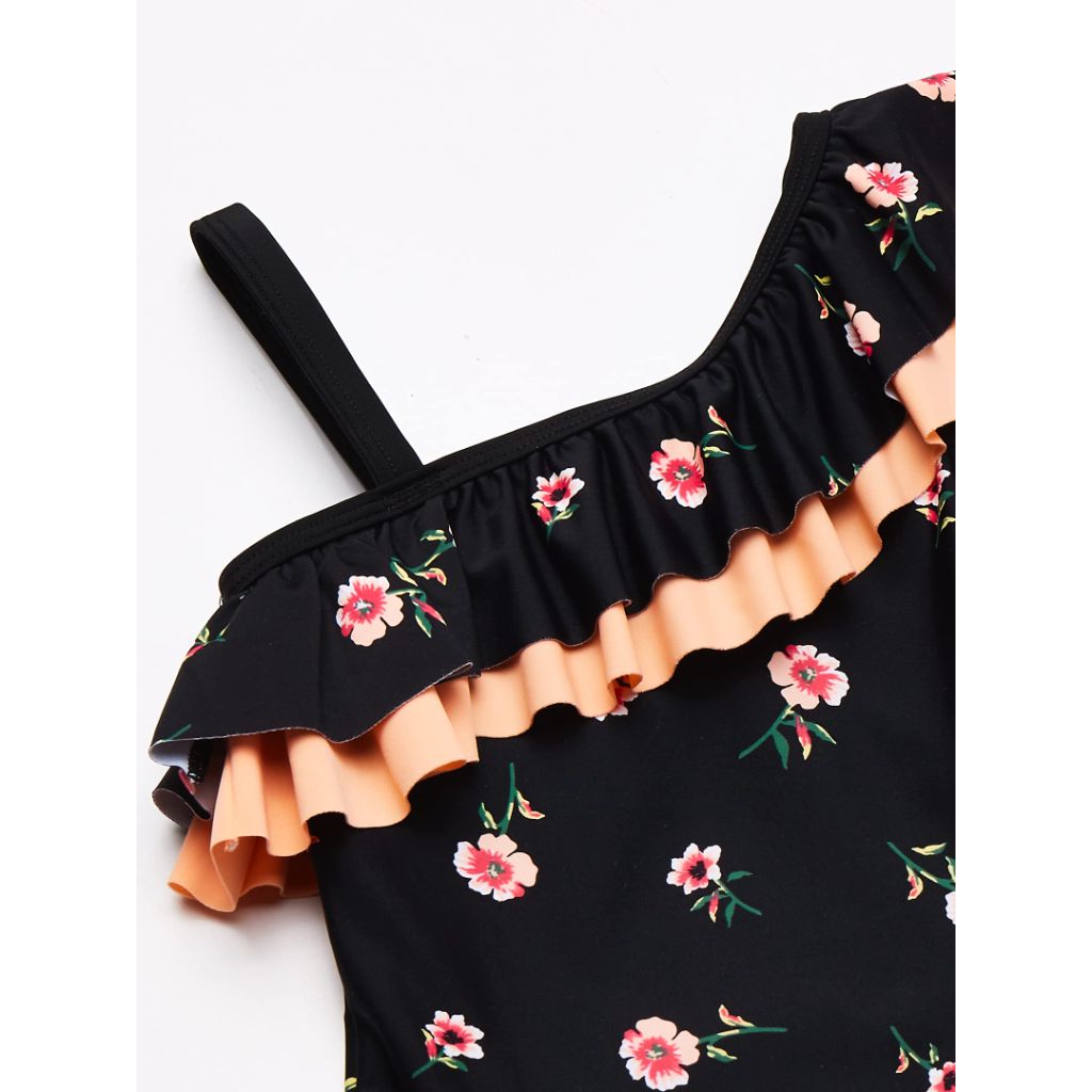 Kanu Surf Girls' Morgan Floral Ruffle 1-Shoulder 1-Piece Swimsuit, Black - size 5