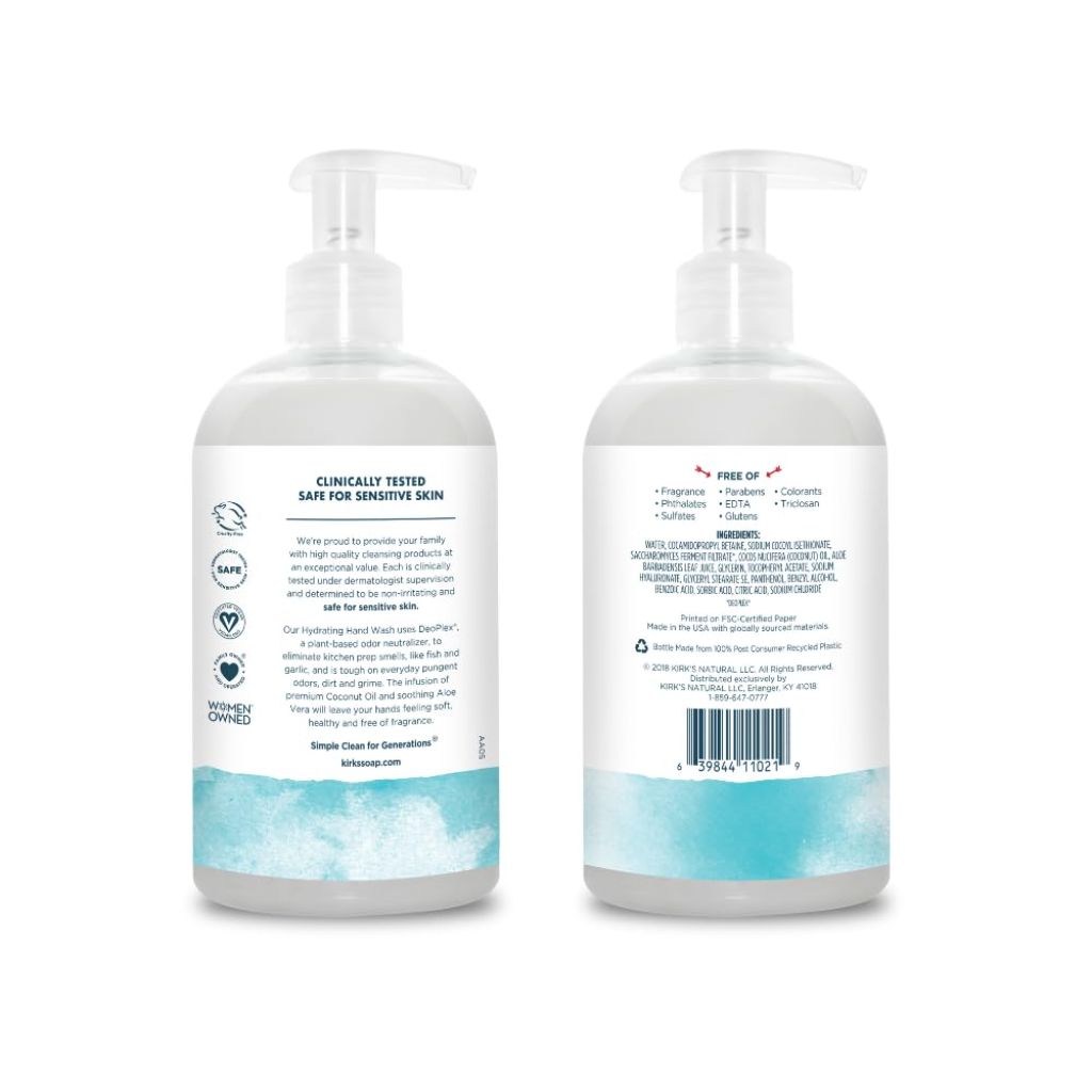 Kirk's Hydrating Hand Wash - Made with Coconut Oil and Aloe Vera, Fragrance Free, 12 Fl Oz.