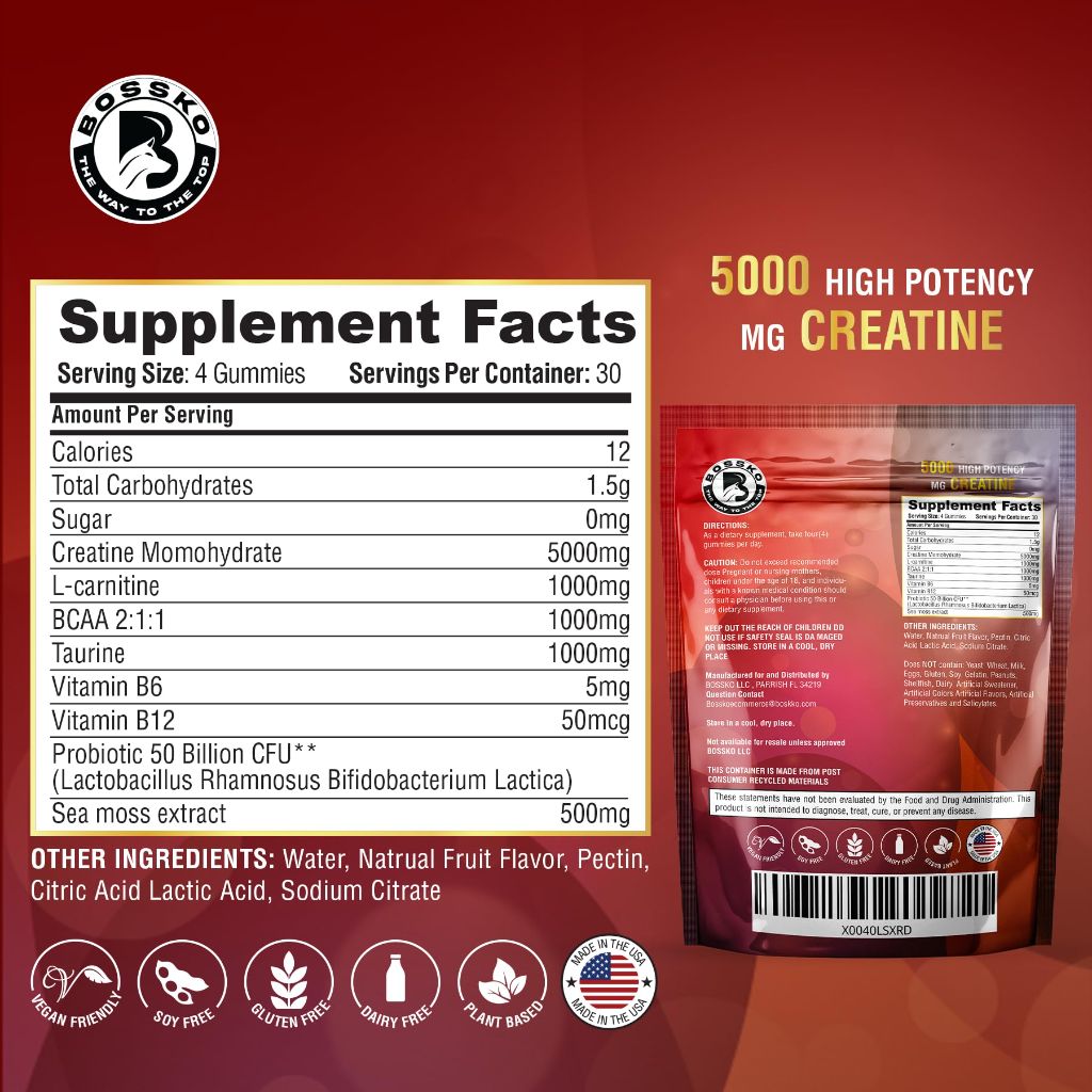BOSSKO THE WAY TO THE TOP (9g) Creatine Monohydrate Gummies Complex with BCAA | 120 Count