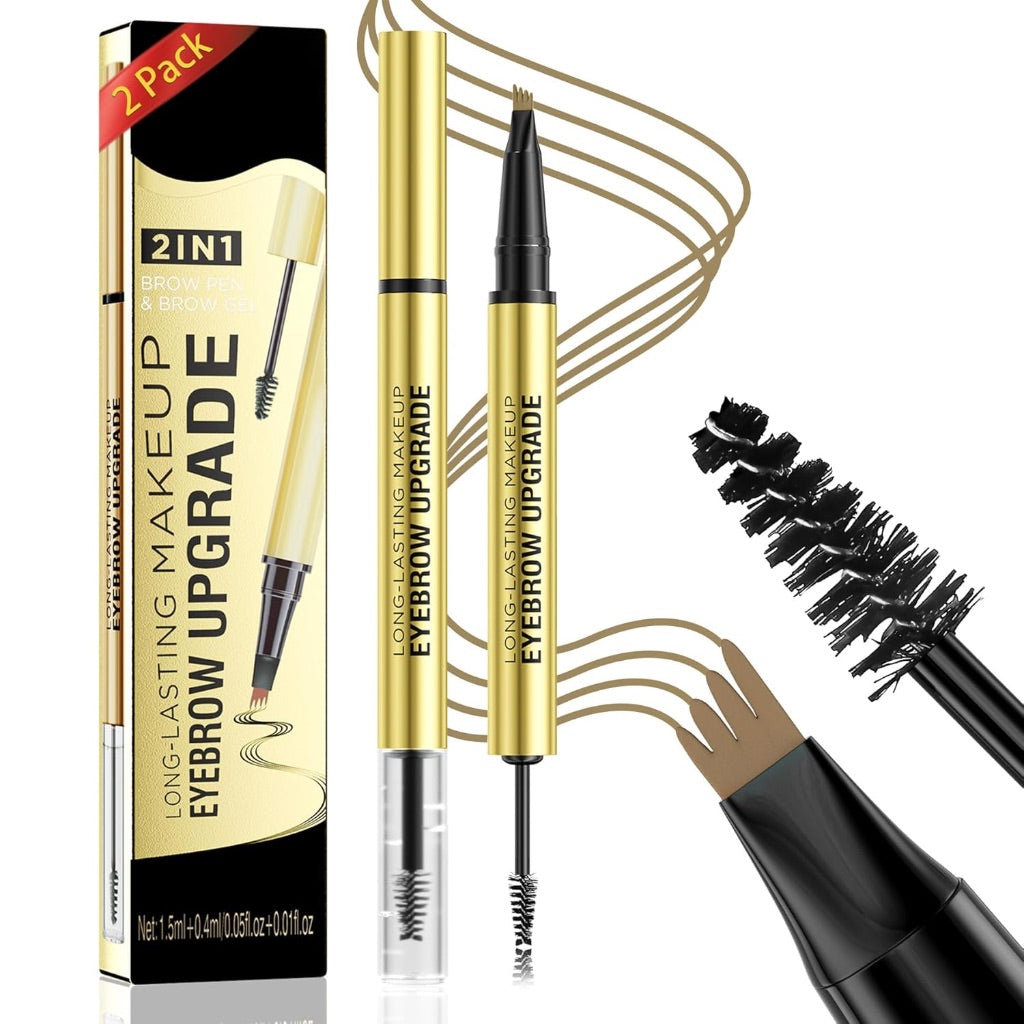 Microblading Eyebrow Pen - 2-in-1 Dual-Ended Waterproof Eye Brow Pen with 4-Fork-Tip and Precise Brush Create Natural Looking Defined Eyebrows Last All Day - 2PK