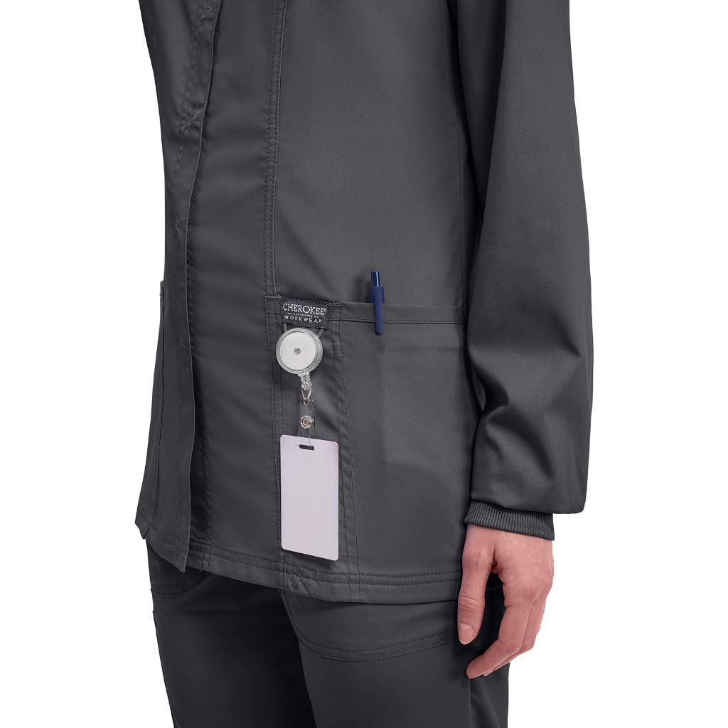 SZ 5XL, Cherokee Women's Snap Front Warm-up Jacket, Pewter