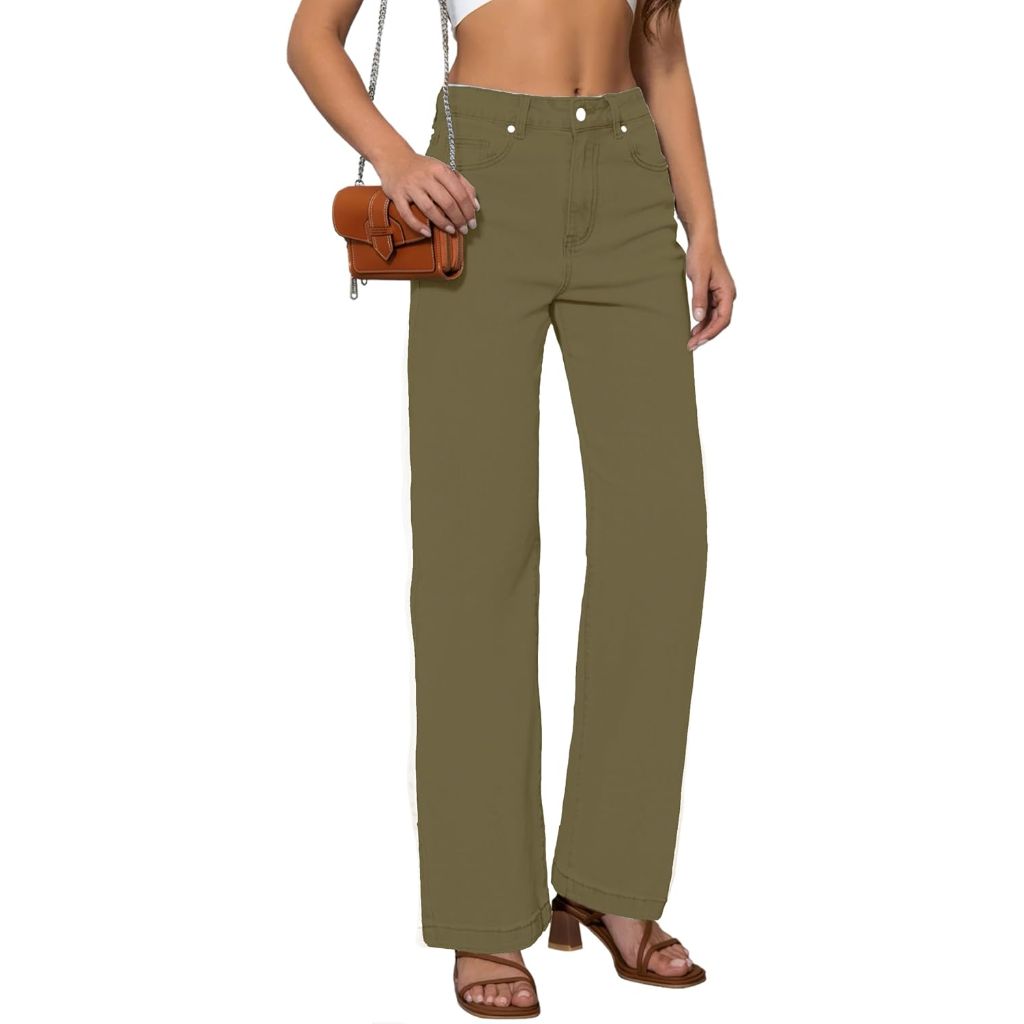 ETTELO Women's Mid Waisted Straight Leg Jeans (US, 4, Army Green)