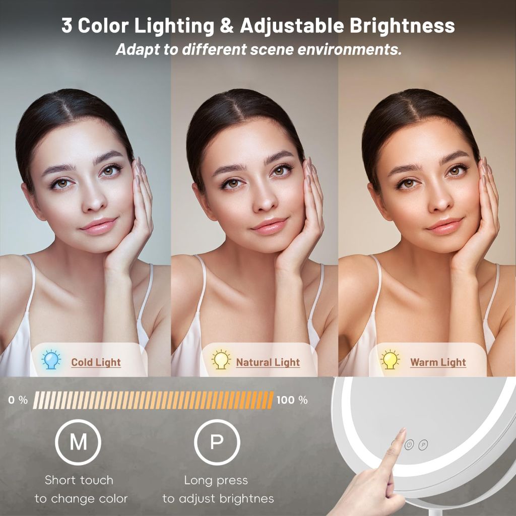 Kcavvi Makeup Mirror with Lights, Lighted Makeup Mirror with Magnification, 13 Inches Diameter