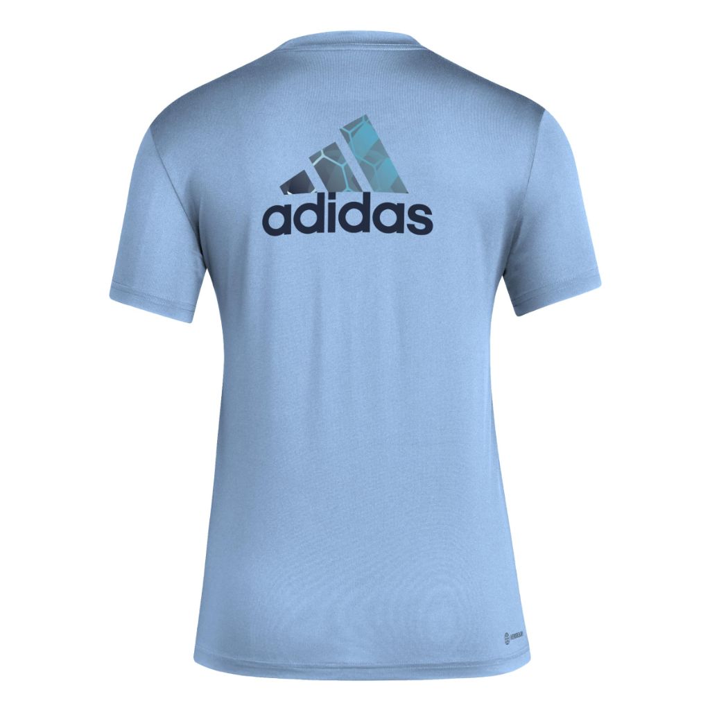 SZ XS, Adidas Women's Sporting Kansas City Local Pop Short Sleeve Pre-game T-shirt, Smoke Blue