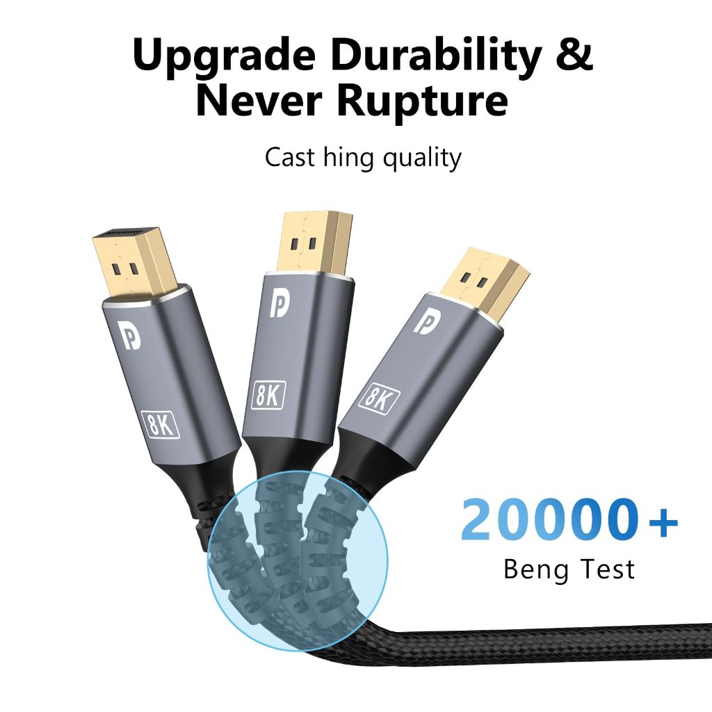 8K DisplayPort Cable, 6.6ft High Speed Braided DP Cable for HDR, HDCP, FreeSync, G-Sync, Gaming Monitor, Graphics, PC, TV, Laptop