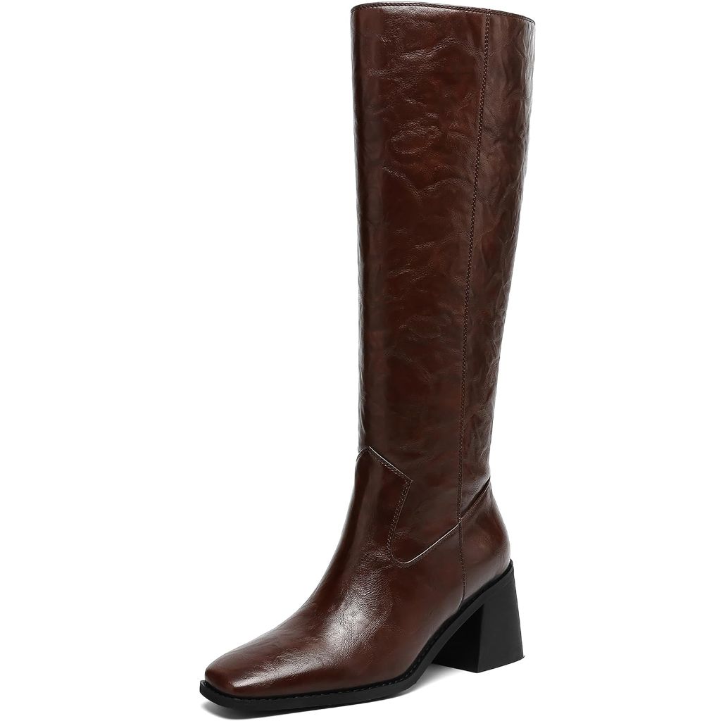 AIUNIIND Women's Knee-High Boots with Block Heels, Brown - size 9.5