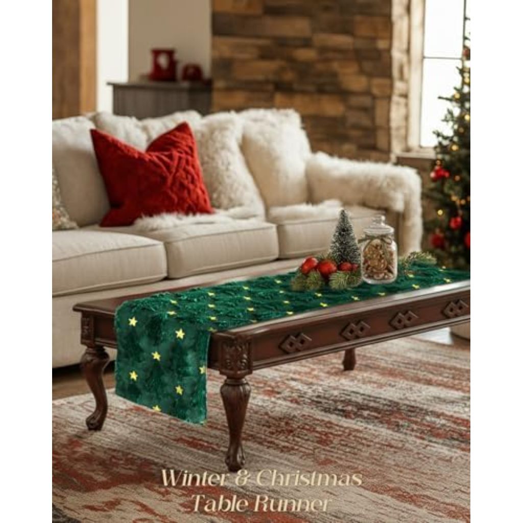 Green Christmas Tree Table Runner Flannel Backing Christmas Table Runner  - 13x72 inch