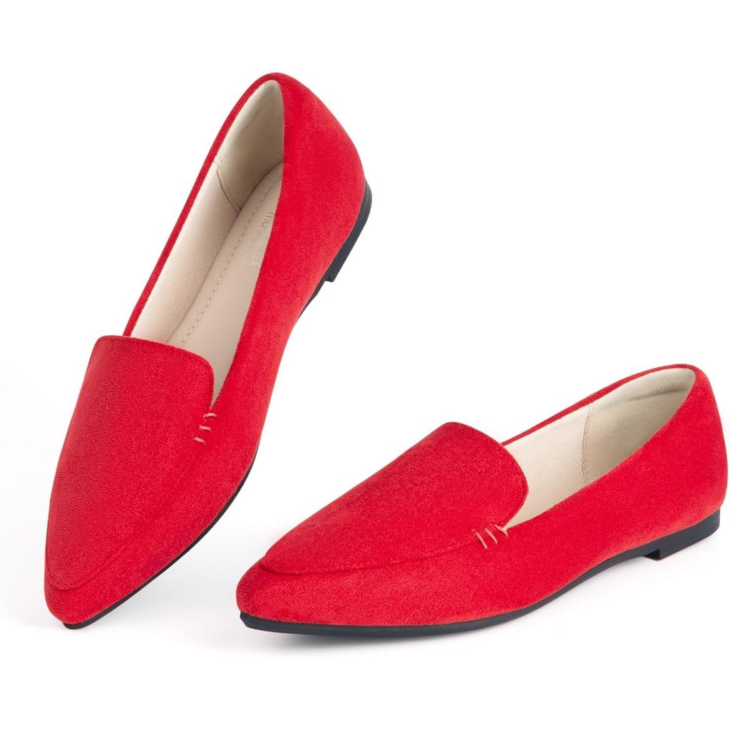 MUSSHOE Pointed Toe Flats for Women, Red Suede, 10