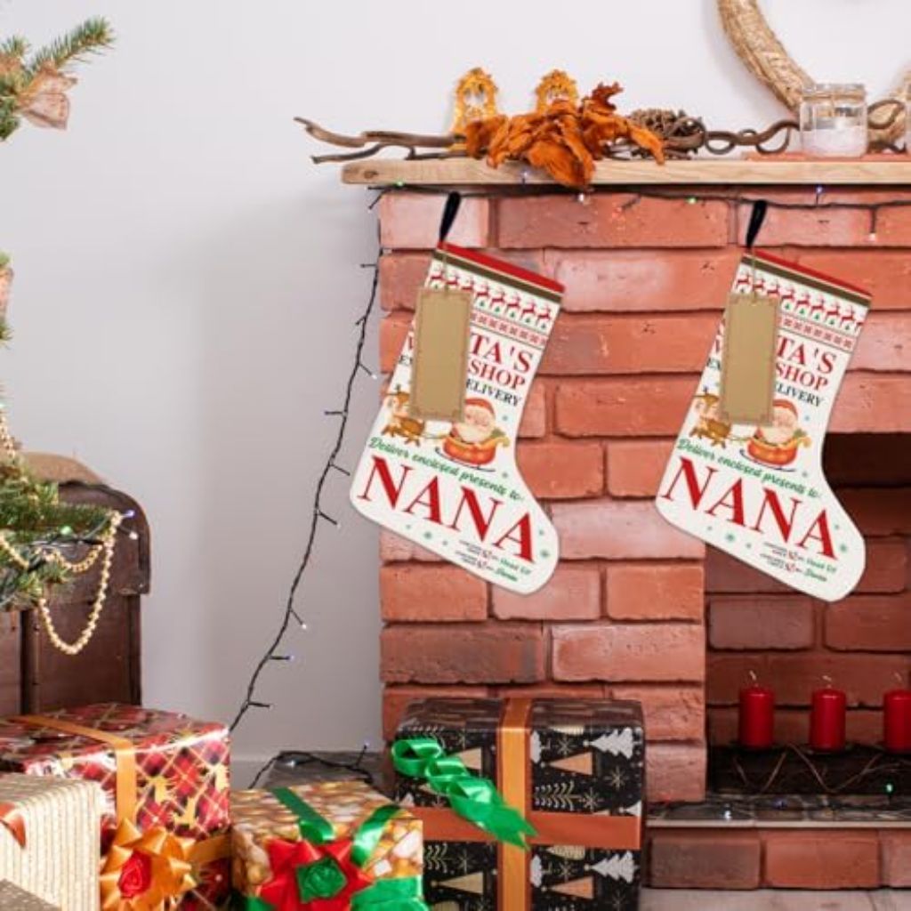 Mukjyuyi Nana Christmas Stocking, Burlap Christmas Stocking Gifts for Grandma, Santa's Workshop Xmas Stocking Fireplace Hanging Stockings for Family Holiday Christmas Decorations