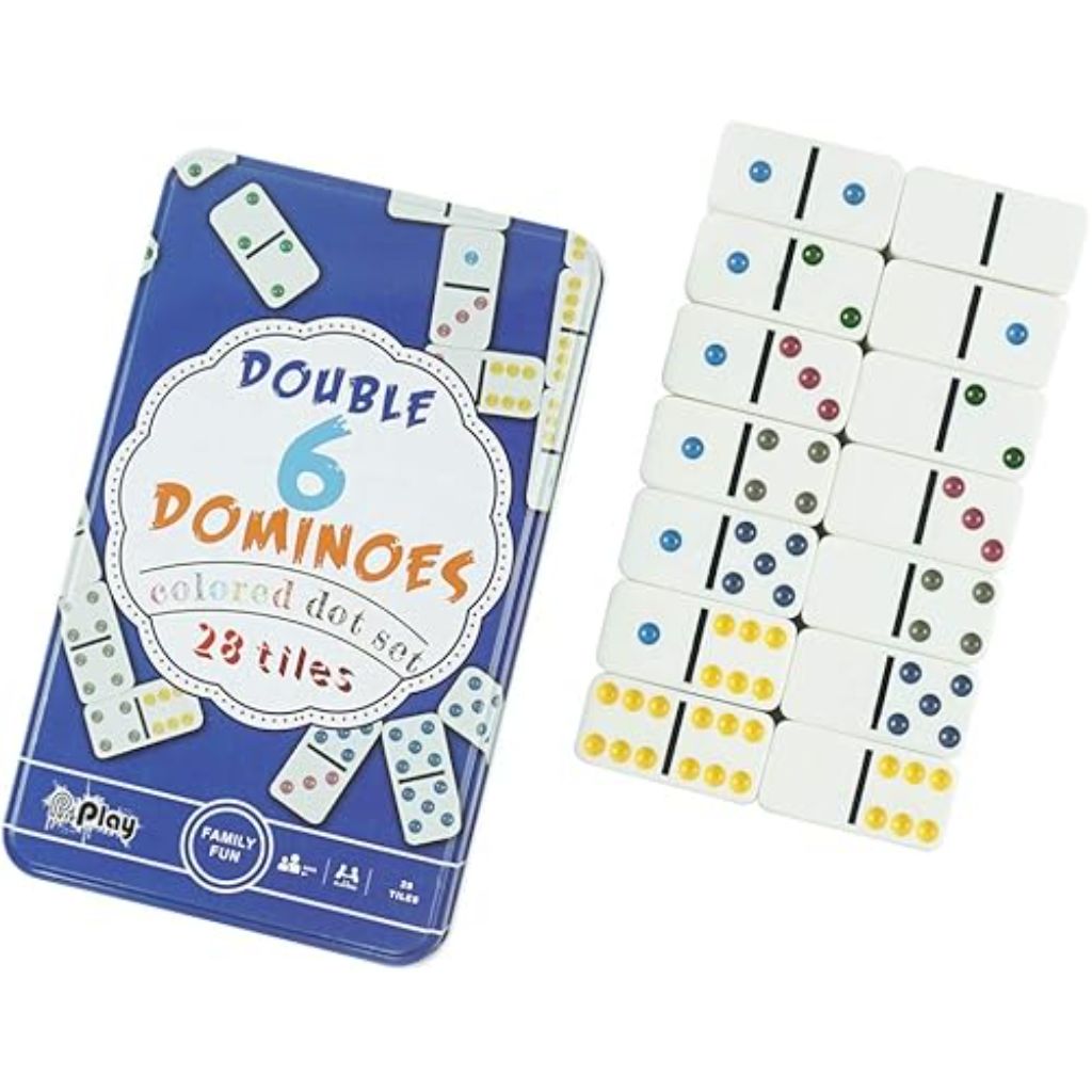 PurePlay Double 6 Domino's - 28 Tiles with Colored Dots in Travel Tin
