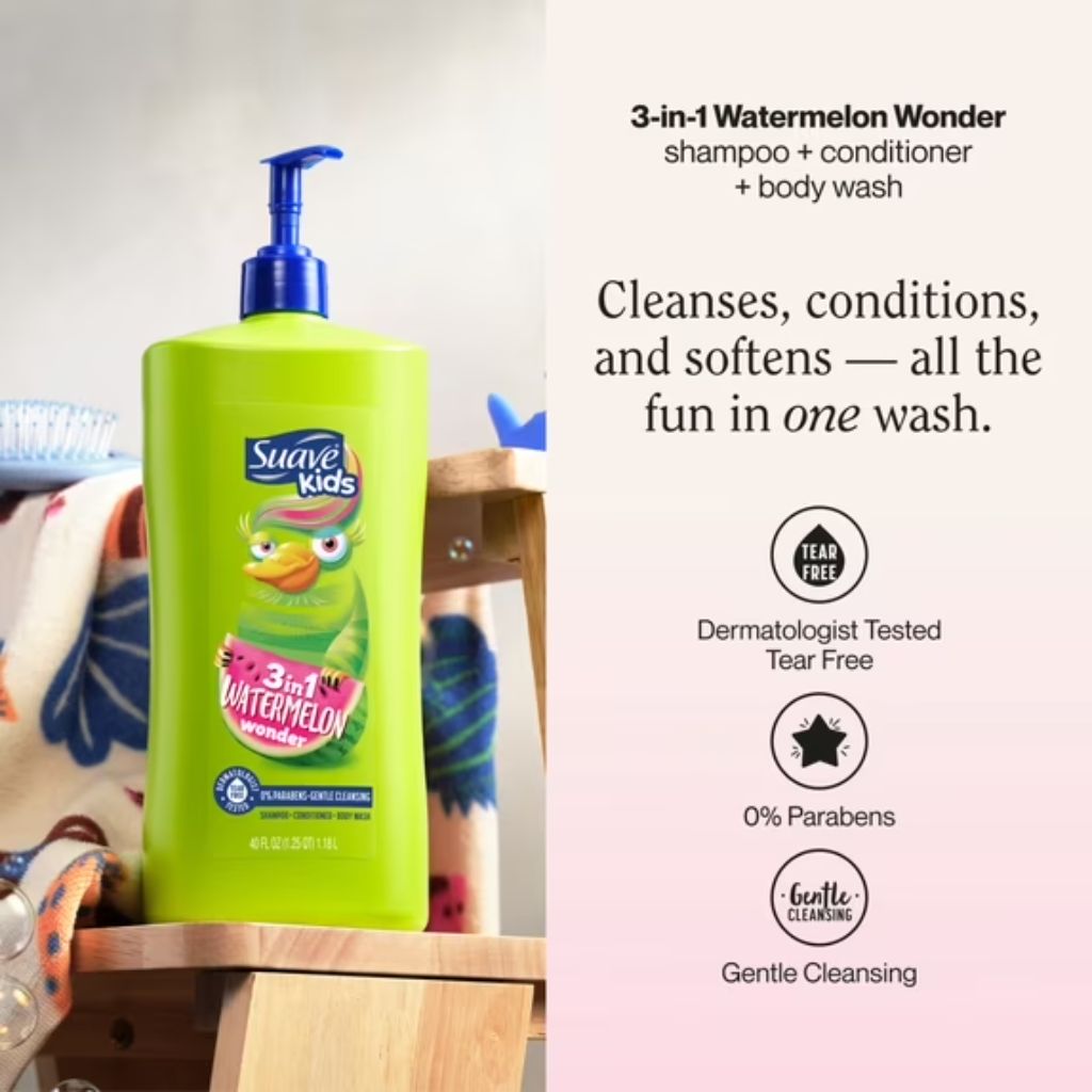 Suave Kids 3-in-1 Shampoo Conditioner & Body Wash, Watermelon Wonder | 18 Oz