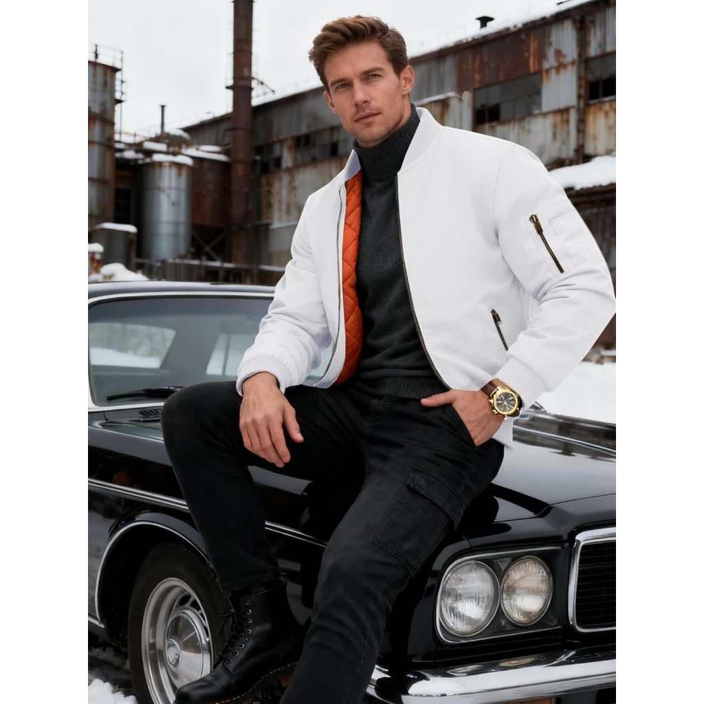KEFITEVD Men's Bomber Full Zip Jacket - White, Size XL