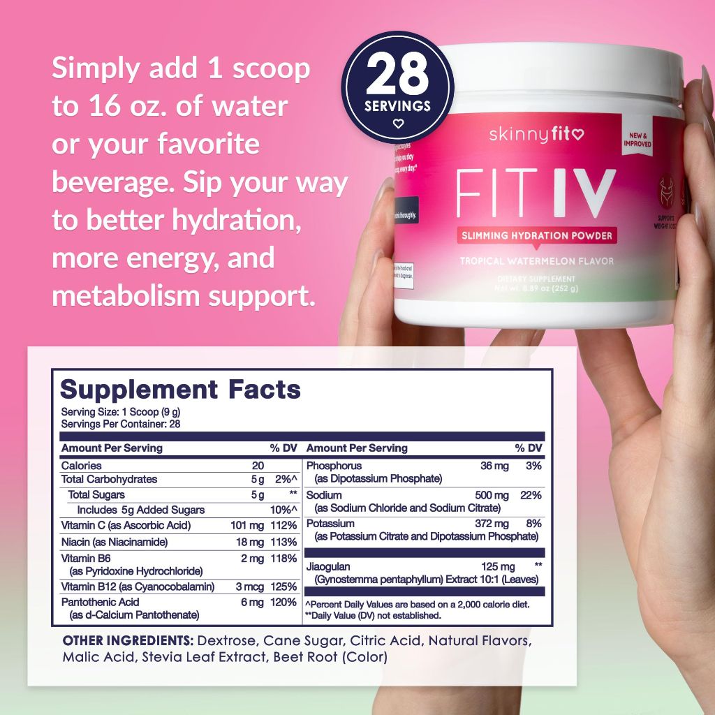 SkinnyFit - Fit IV Slimming Hydration Powder, Tropical Watermelon (Jar, 28 Scoops)