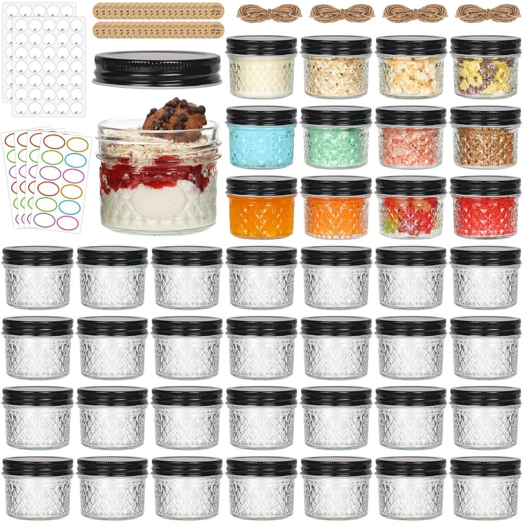 4 oz Glass Mason Jars with Black Lid, 40 PK