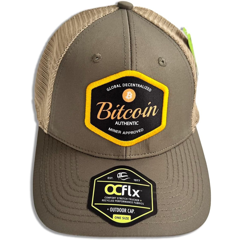 Bitcoin Adjustable Baseball Cap - Olive Green with Khaki Beige Mesh Back