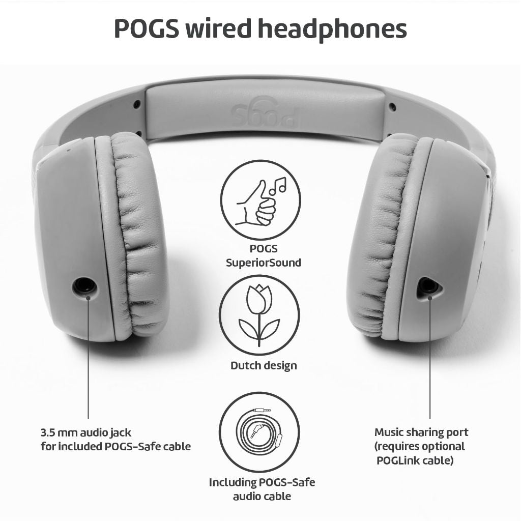 POGS Kids Wired Headphones | The Elephant 2 | Adjustable, Durable Headphones for Kids 3+ | 3.5mm Audio Cable (3.2ft) (Grey)